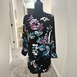 White House Black Market Black Floral Long Sleeve Dress with sheer overlay